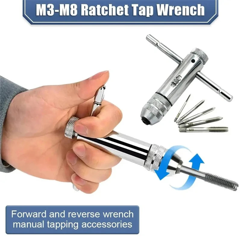 Ratchet Wrench Adjustable T-Handle Holder Tap with  M3-M8 Machine Screw Thread Metric Plug T-shaped Drill Set Workshop Hand Tool
