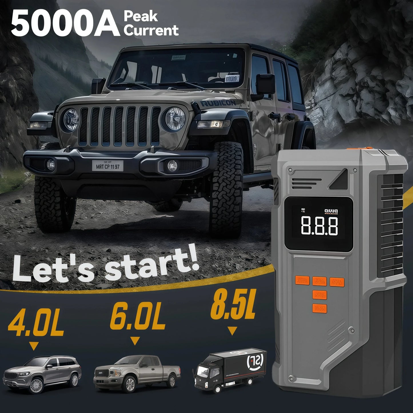 JKUOO Car Jump Starter And Air Inflator  10.2 Bar Fast Fill -40°C Low-Temp Work 12V Lead-Acid Battery with Tire Monitoring