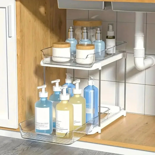 2-Tier Pull Out Under Sink Storage Shelf - Multi-Purpose Organizer for Bathroom Cabinet & Kitchen Pantry