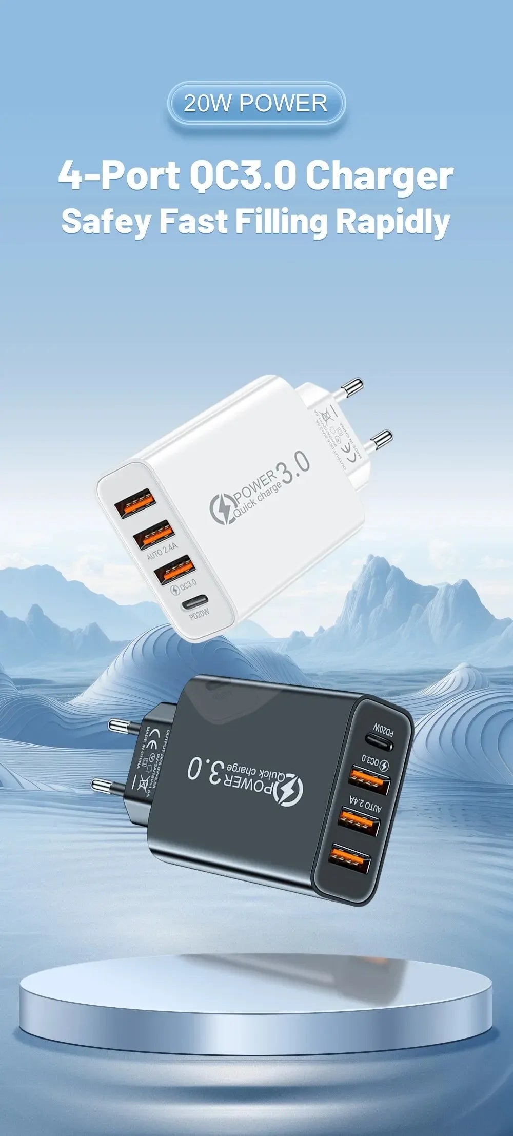 شاحن USB-C متعدد المنافذ بقدرة 60 واط، مزود بـ 4 منافذ، منها 3 منافذ USB PD، يدعم الشحن السريع، وشاحن جداري عالمي للسفر.