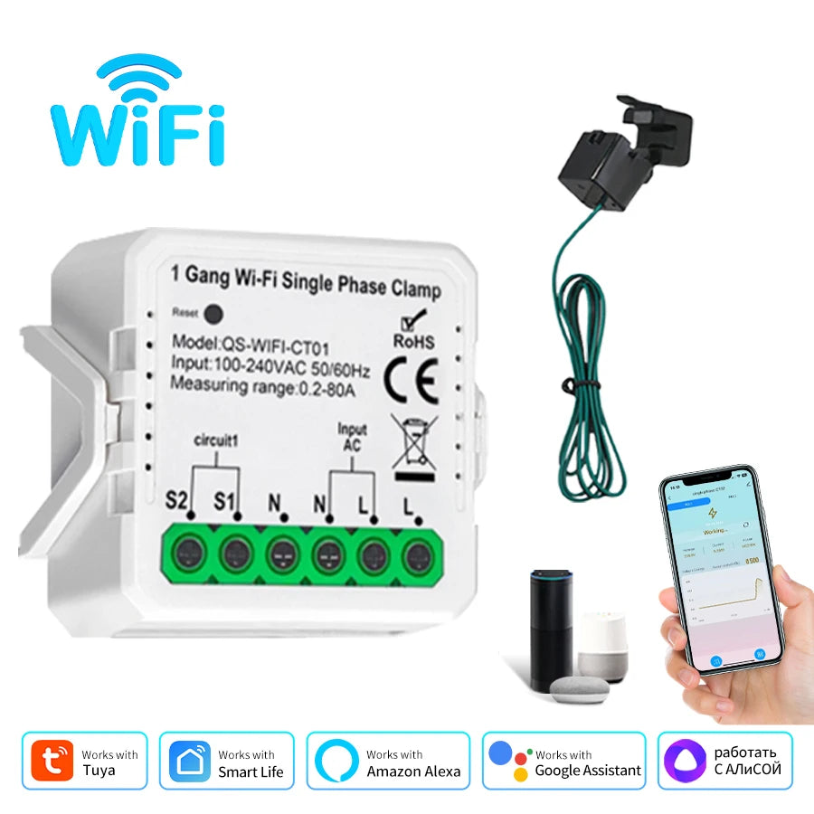 Tuya Smart Energy Monitor WiFi Energy Meter Dual Channel 80A Current Transformer Power Production Consumption Monitor Smart Home