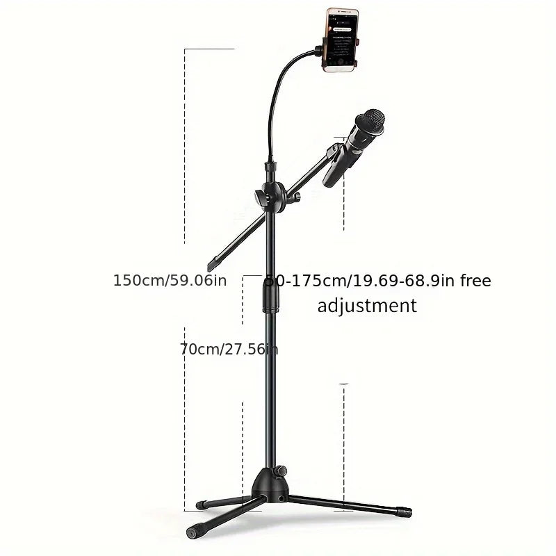 Tripod Boom Microphone Stand With Mic Clip Cell Phone And Microphone Not Included Collapsible And Lightweight,  Arms Adjustable