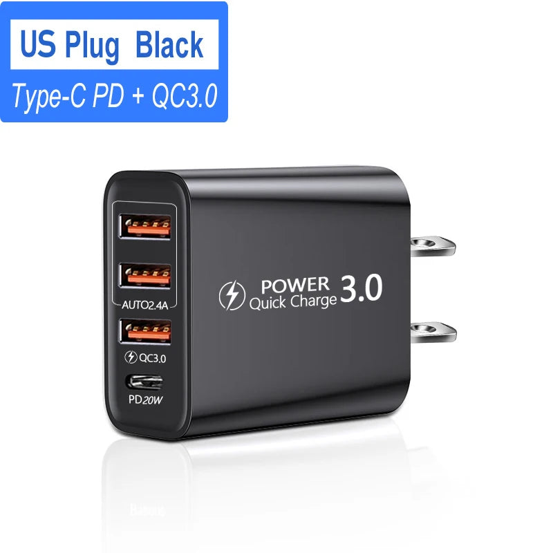 شاحن USB-C متعدد المنافذ بقدرة 60 واط، مزود بـ 4 منافذ، منها 3 منافذ USB PD، يدعم الشحن السريع، وشاحن جداري عالمي للسفر.