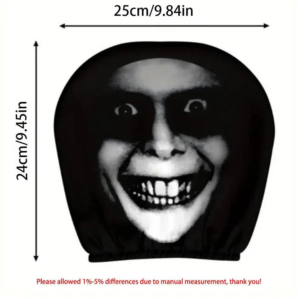 2PCS Scary Smile Face Car Headrest Covers Horror Grinning Print Black Auto Headrest Protector Universal Halloween Decor