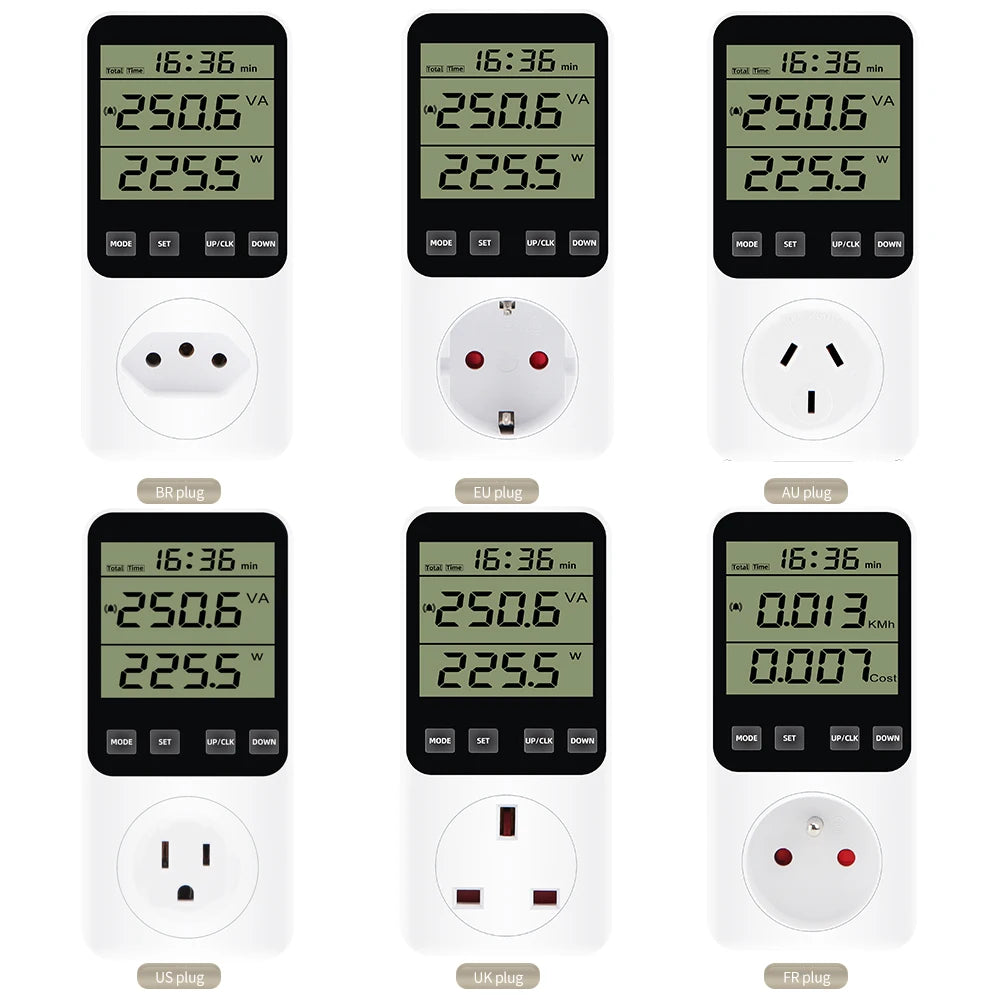 Digital LCD Wattmeter 230V Power Energy Meter Voltmeter Ammeter Consumption Monitor 50Hz Socket Analyzer EU US UK AU FR BR Plug