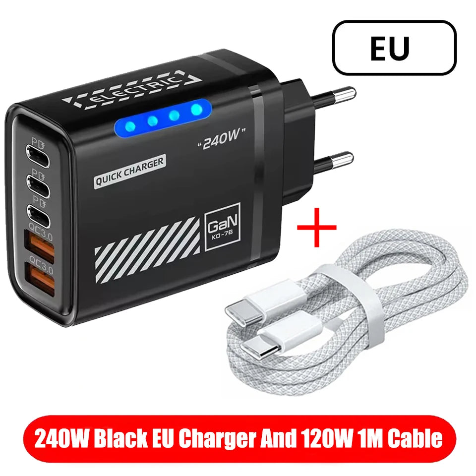 5 IN 1 GaN Desktop Charger For IPhone17 16Pro Laptop Samsung 240W Fast Charging Adapter USB C To Type-C Cable 3PD 2USB Charger