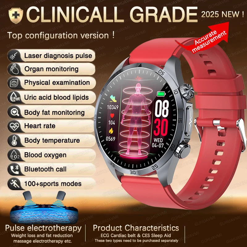 2025 Laser Pulse Uric Acid Blood Fat Nursing Smart Watch Men Body Fat Blood pressure ECG+PPG Sleep aid Treatment Health Watch