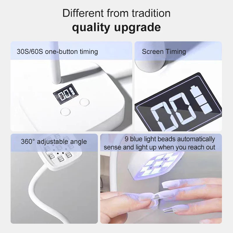 Rechargeable 9 LED UV Desk Lamp 360° Bendable for Nails Gel Polish Quick Dry Portable Manicure Salon  Wireless Nail Dryer Tools