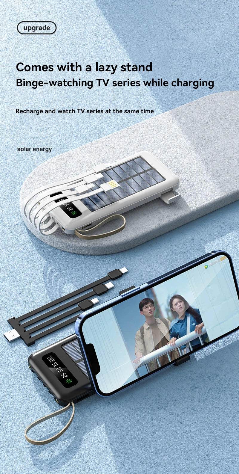 بنك طاقة شمسي بسعة 50000 مللي أمبير، بطارية شحن سريع، كابلان USB 4، شاشة عرض رقمية LED، متوافق مع أجهزة iPhone
