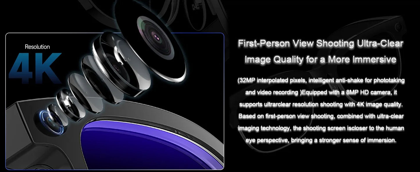 2026 New Smart Glasses 800W Ultra-Wide HD 4K Camera Video Recording 4GB AI Photo Recognition Bluetooth Call Translation Voice