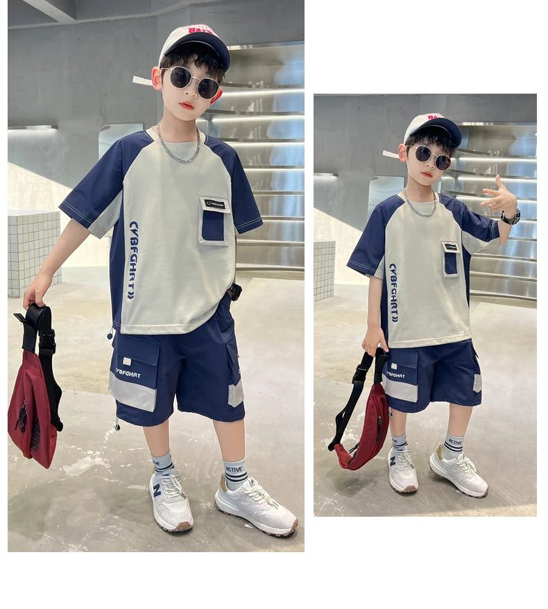 Kids Clothing Sets For Boys Fashion Short Sleeve T Shirts Shorts 2pcs Tracksuits Summer Children Teenager Sportswear Suits 5-14Y