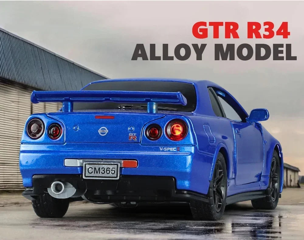 1:32 GTR R34 Skyline Fast & Furious Alloy Car Model Sound and Light Pull Back Children's Toy Collectibles Birthday Gifts