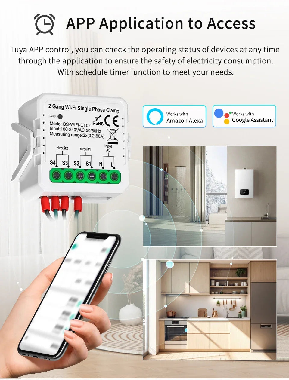 Tuya Smart Energy Monitor WiFi Energy Meter Dual Channel 80A Current Transformer Power Production Consumption Monitor Smart Home