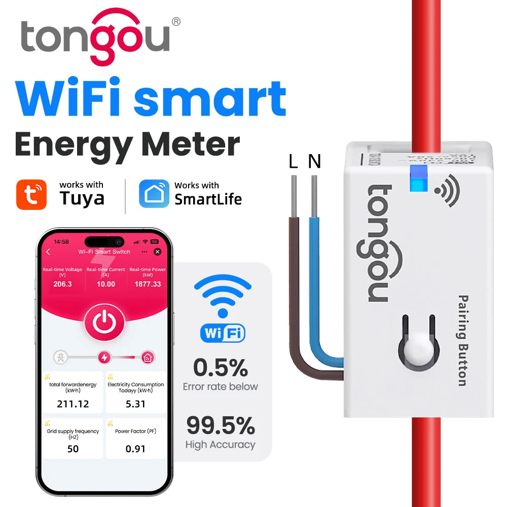 Tuya Smart WiFi Energy Meter – 1-50A Real-Time Power & Energy Monitoring, Home Assistant Compatible TONGOU