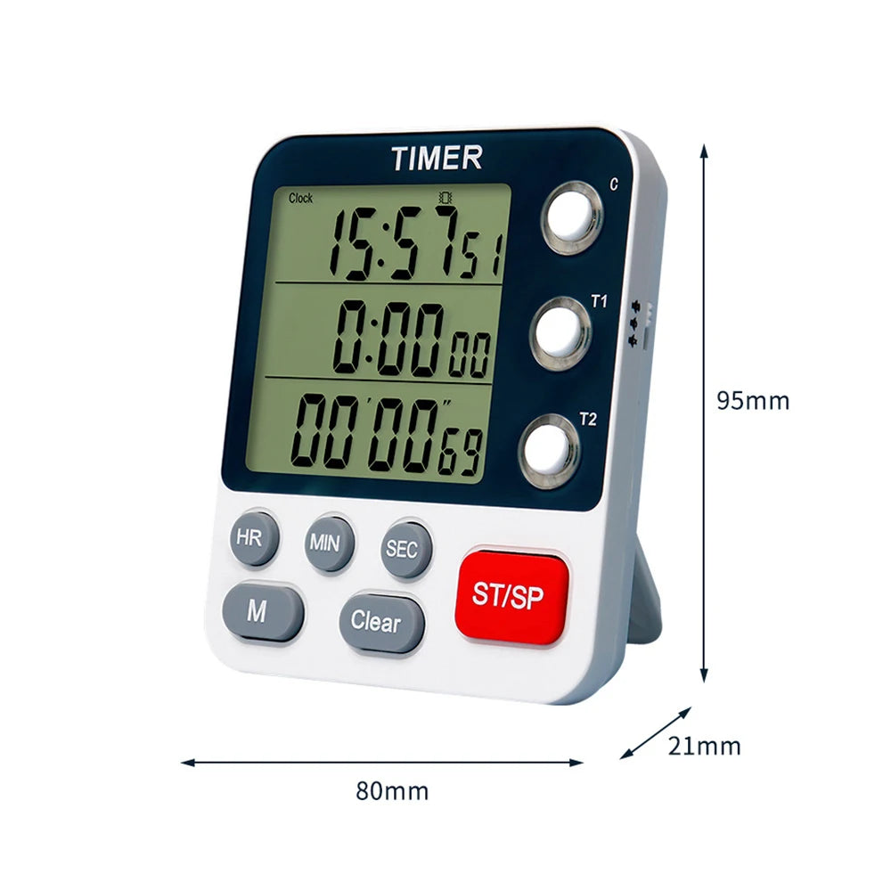 مؤقت مطبخ رقمي مزدوج بثلاث قنوات، مؤقت عد تصاعدي تنازلي، مؤقت طهي، شاشة كبيرة، منبه بصوت عالٍ، مع حامل خلفي مغناطيسي
