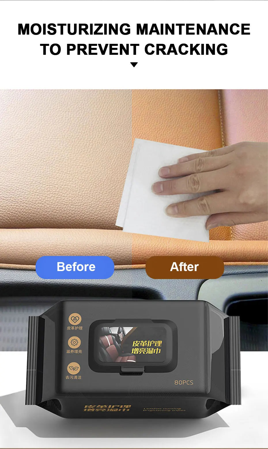 SEAMETAL 80pcs/bag Car Interior Cleaning Wipes Multi-function Car Dashboard Seat Leather Nursing Brightening Wipes Car Wash Care