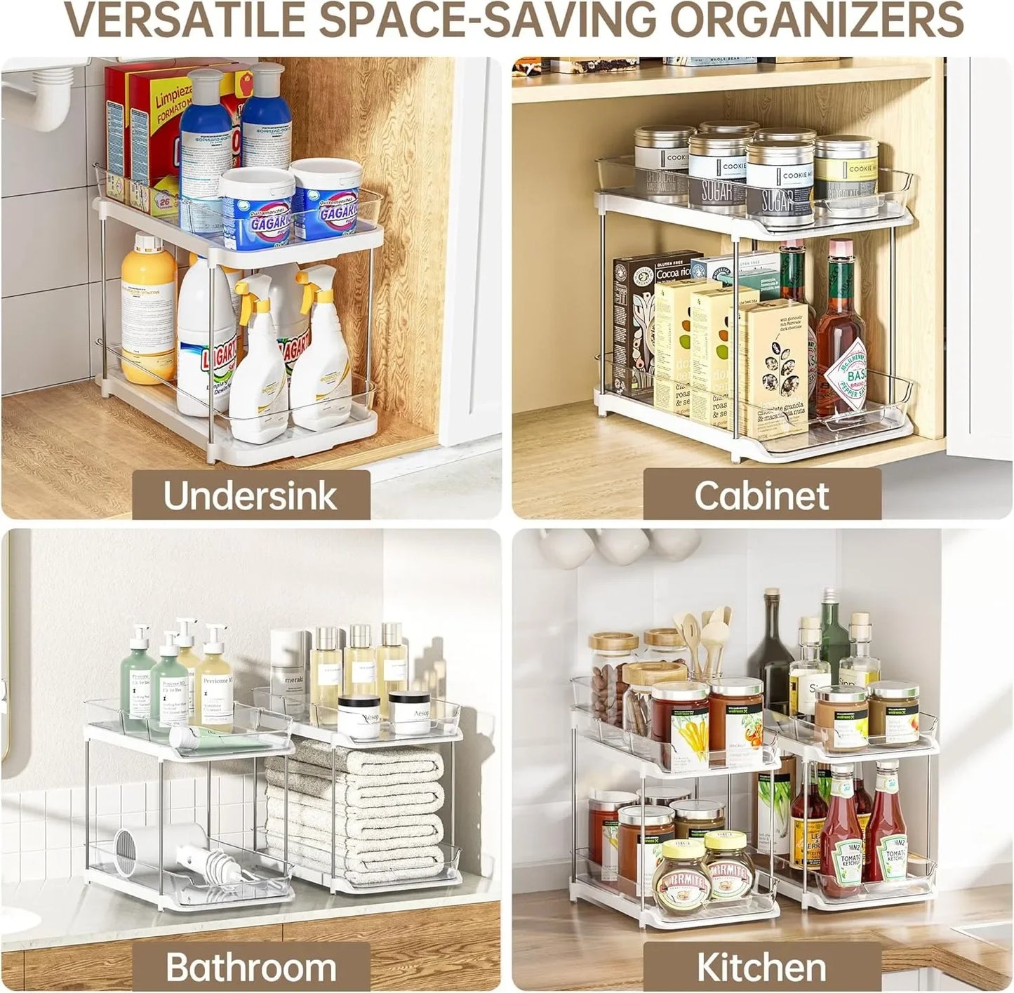 2-Tier Pull Out Under Sink Storage Shelf - Multi-Purpose Organizer for Bathroom Cabinet & Kitchen Pantry