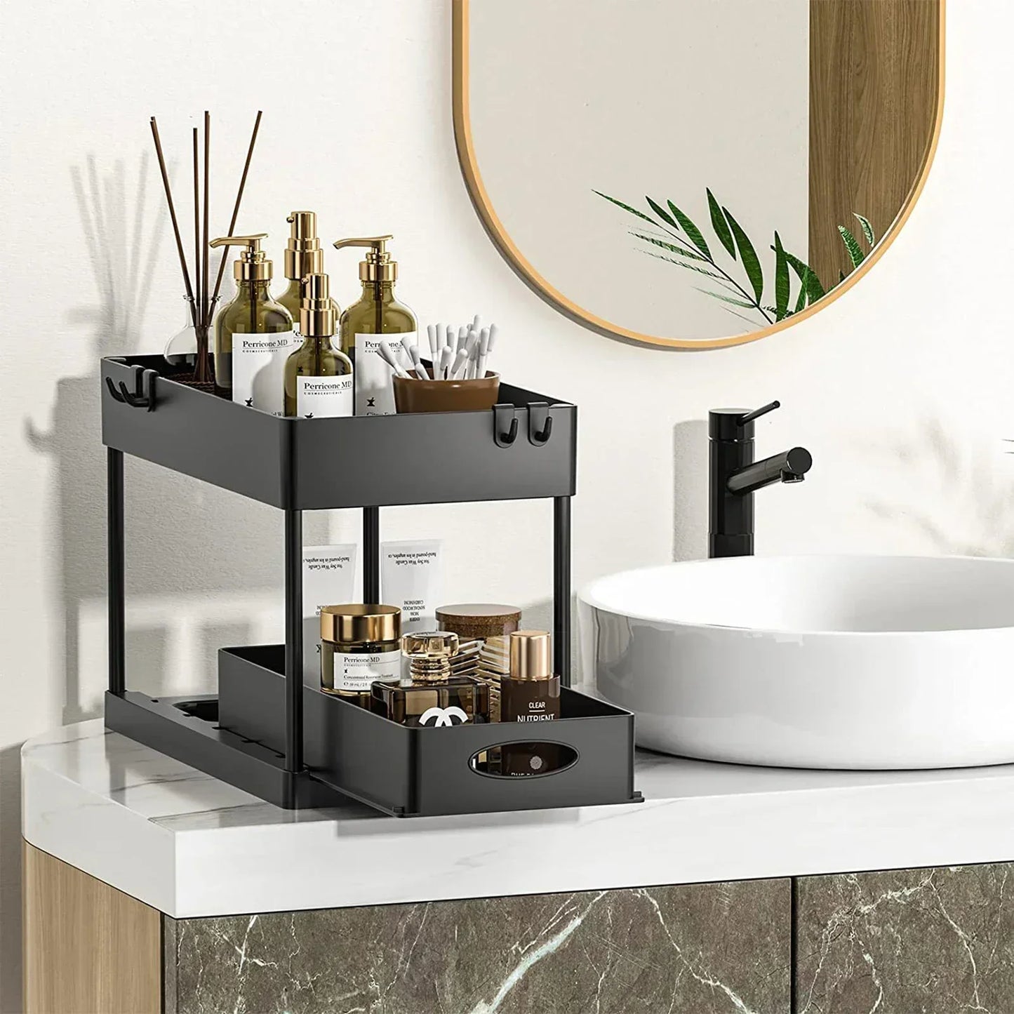 New 2 Tier Under Sink Organizer Sliding Cabinet Basket Organizer Storage Rack with Hooks Hanging Cup Bathroom Kitchen Organizer