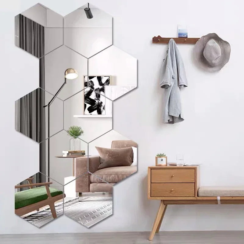 Hexagon Acrylic 3D Mirror Wall Sticker Home Decor DIY Self-adhesive Mirror Decal Decor Stickers Art Wall Decoration Large 6/12pc