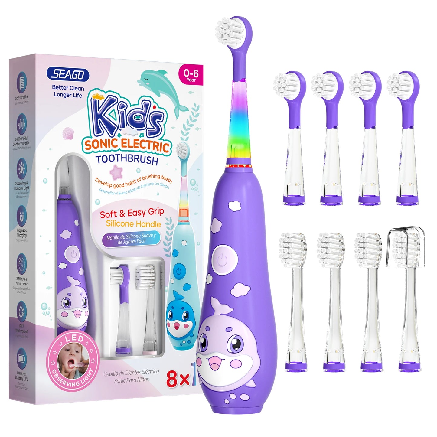 Seago Kids Electric Toothbrush Sonic Child Dolphin Colorful Observing LED 2 mins Smart Timer IPX7  Waterproof Teeth Cleaning