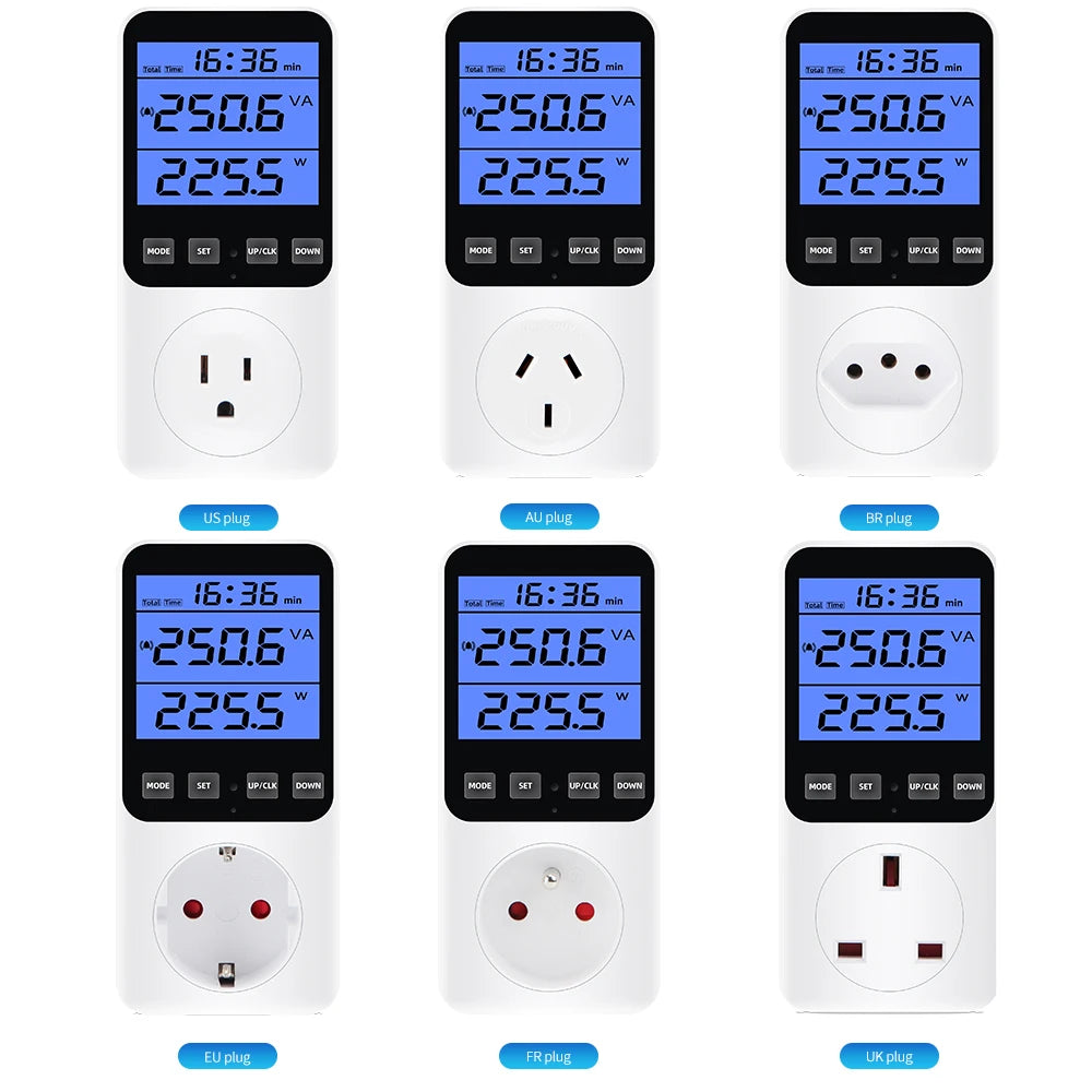 Digital LCD Wattmeter 230V Power Energy Meter Voltmeter Ammeter Consumption Monitor 50Hz Socket Analyzer EU US UK AU FR BR Plug