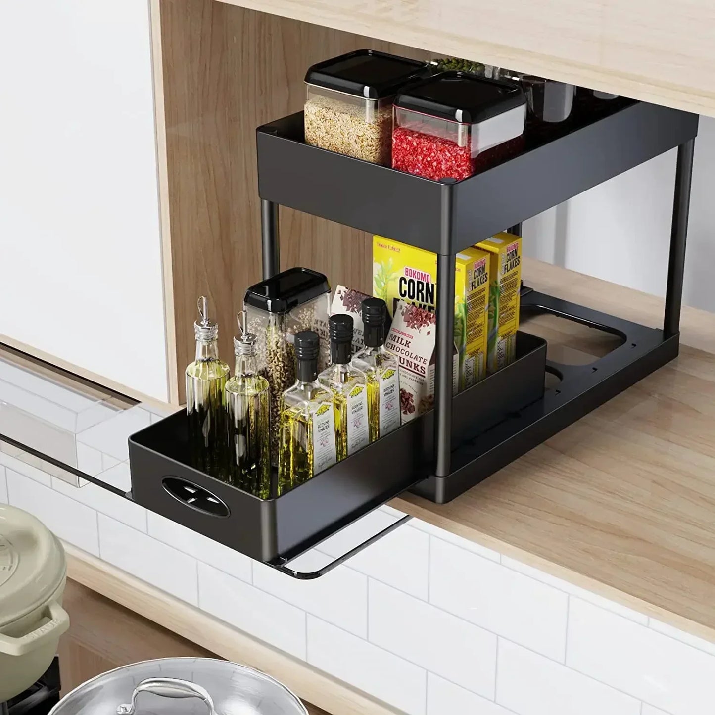 New 2 Tier Under Sink Organizer Sliding Cabinet Basket Organizer Storage Rack with Hooks Hanging Cup Bathroom Kitchen Organizer