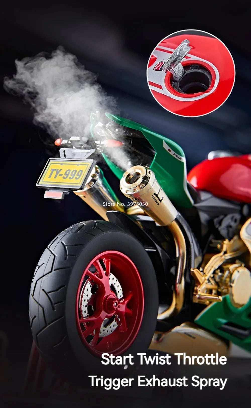 1:9 1299 Motorcycles Car Toy Alloy Diecast Model Rubber Tires with Light Music Spray Miniature Vehicle Kids Children's Day Gifts