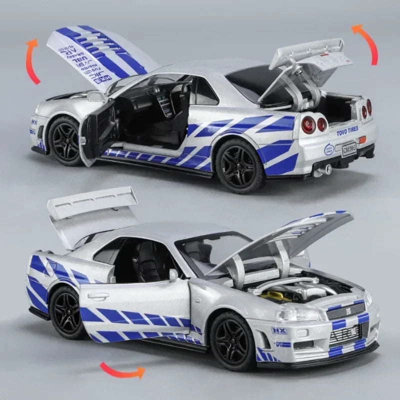 1:32 GTR R34 Skyline Fast & Furious Alloy Car Model Sound and Light Pull Back Children's Toy Collectibles Birthday Gifts