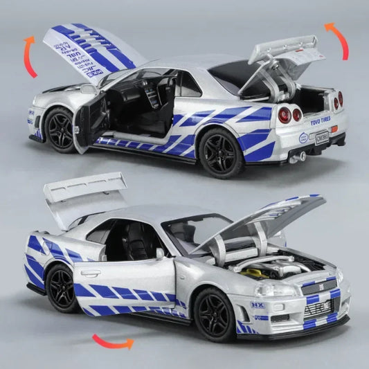 1:32 GTR R34 Skyline Fast & Furious Alloy Car Model Sound and Light Pull Back Children's Toy Collectibles Birthday Gifts