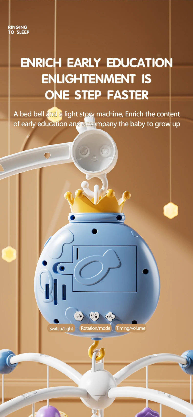 Baby Crib Bell Toys Musical Baby Crib Mobile with Lights Projection for 0-12Months Infants Crib Toys Bed Bell Toy Newborn Gifts