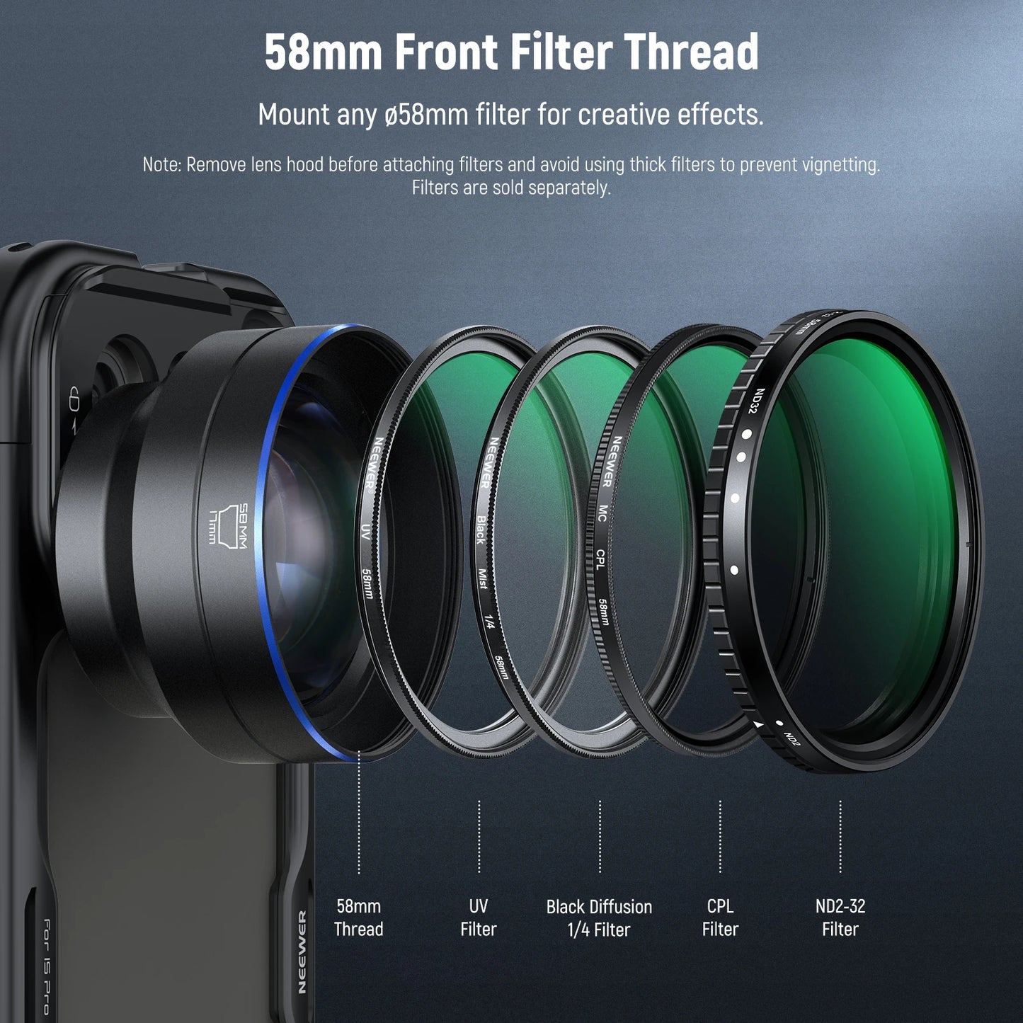 NEEWER HD 65mm Telephoto Phone Camera Lens with Lens Hood for Phone Cage Case, 1.7X Zoom Lens For iPhone 16 15 S25 S24 Ultra