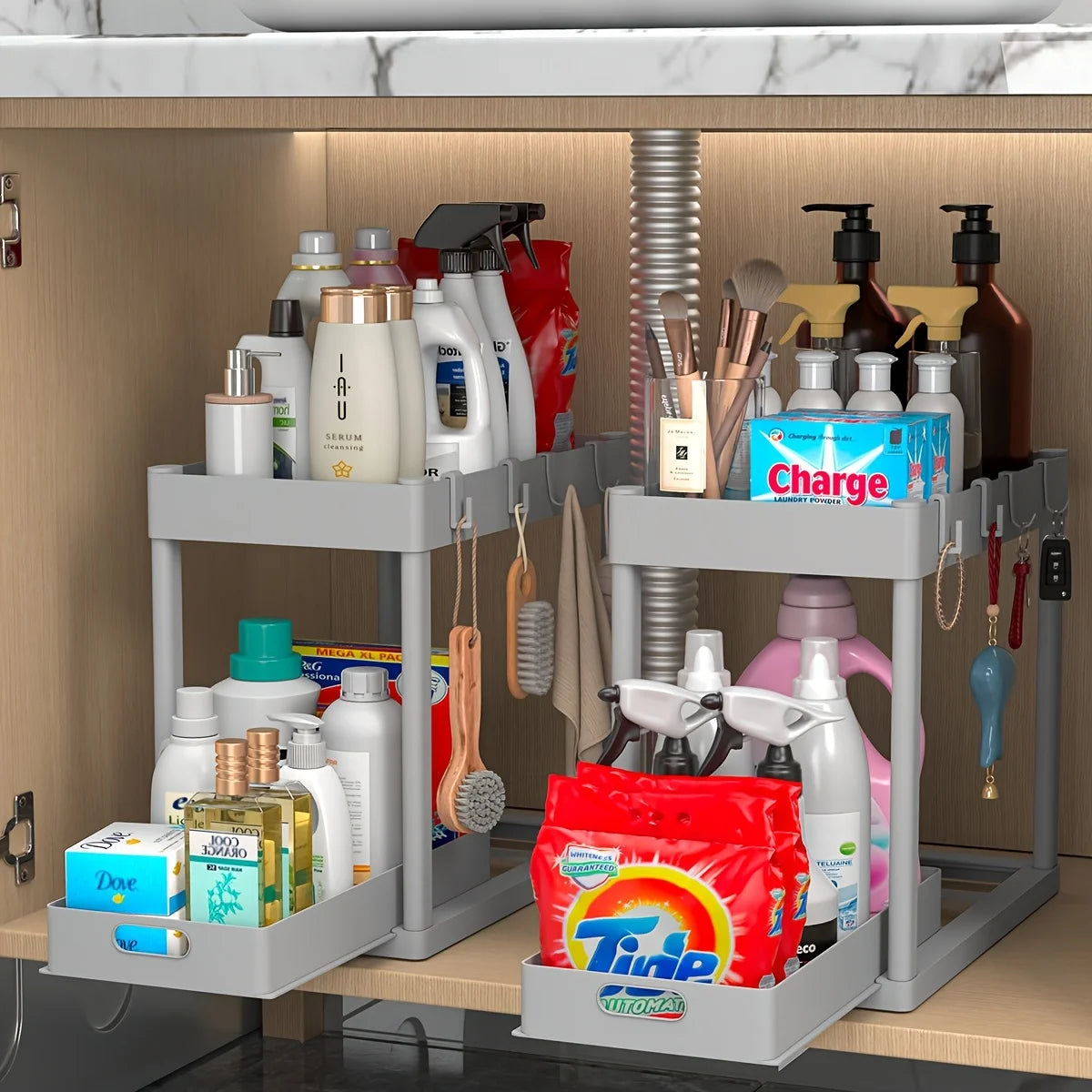 2-Tier Sliding Under Sink Organizer Multifunctional Space-Saving Bathroom Cabinet Storage Drawer