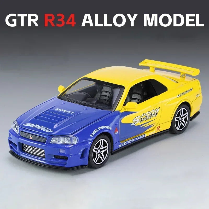 1:32 GTR R34 Skyline Fast & Furious Alloy Car Model Sound and Light Pull Back Children's Toy Collectibles Birthday Gifts