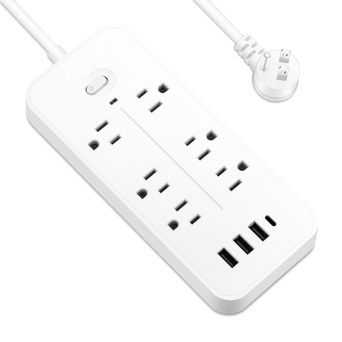 US Power Strip 6 AC Outlets 10A 110v 220v 3 USB Ports Sockets 1 TYPE-C Smart Patch Panel 2000w Black Power Surge Protection Plug