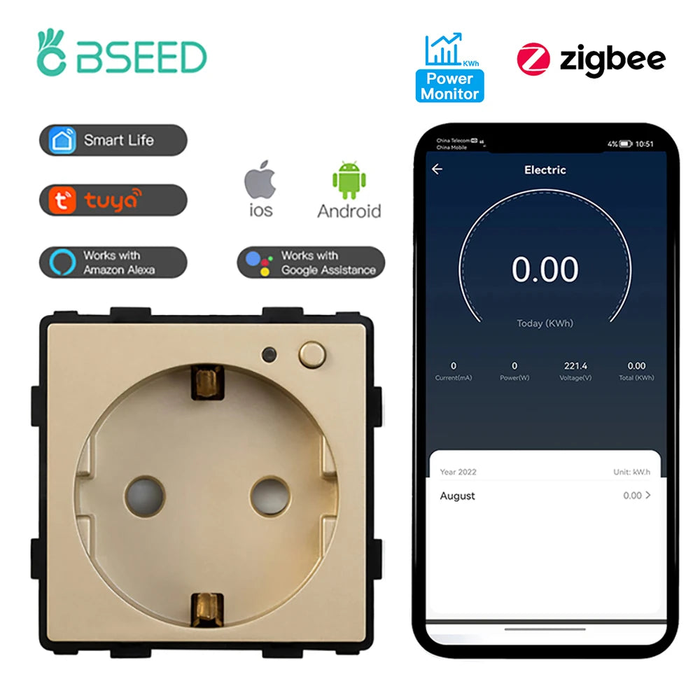 BSEED Zigbee Smart Socket EU Power Monitor Outlet DIY Function Parts Work With Tuya Smart Life Alexa App Indicator Wall Mounted