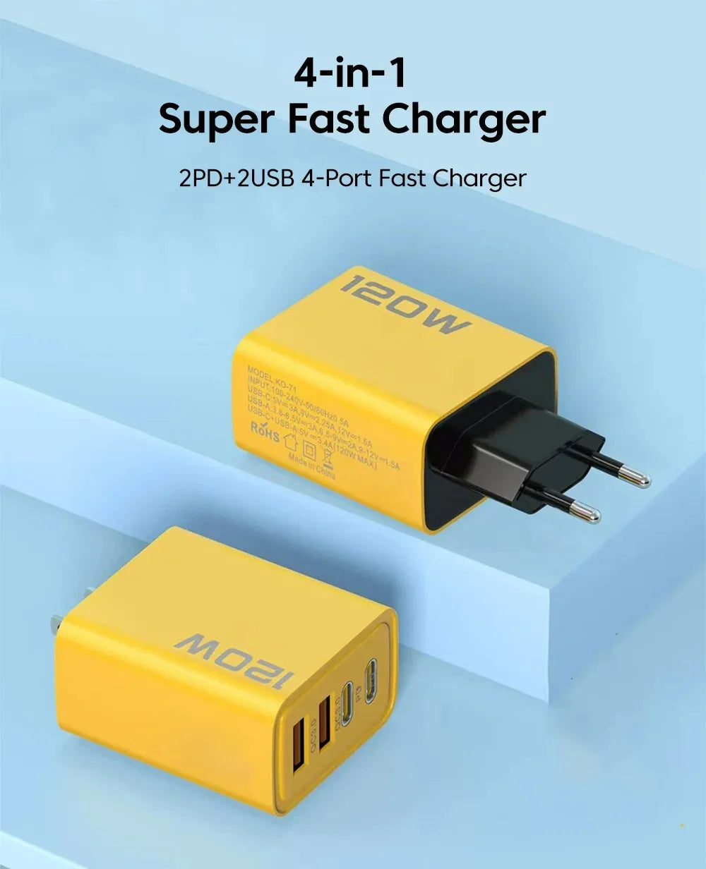 Total 120W USB Type C Charger 4 Port Fast Charging USB Phone Charger Adapter For iPhone Samsung Xiaomi Quick Charge Wall Charger