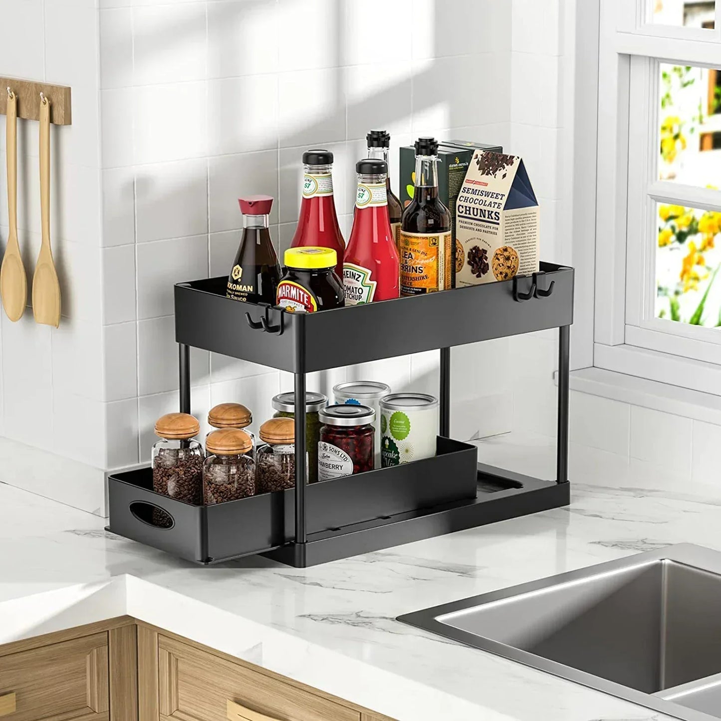 New 2 Tier Under Sink Organizer Sliding Cabinet Basket Organizer Storage Rack with Hooks Hanging Cup Bathroom Kitchen Organizer