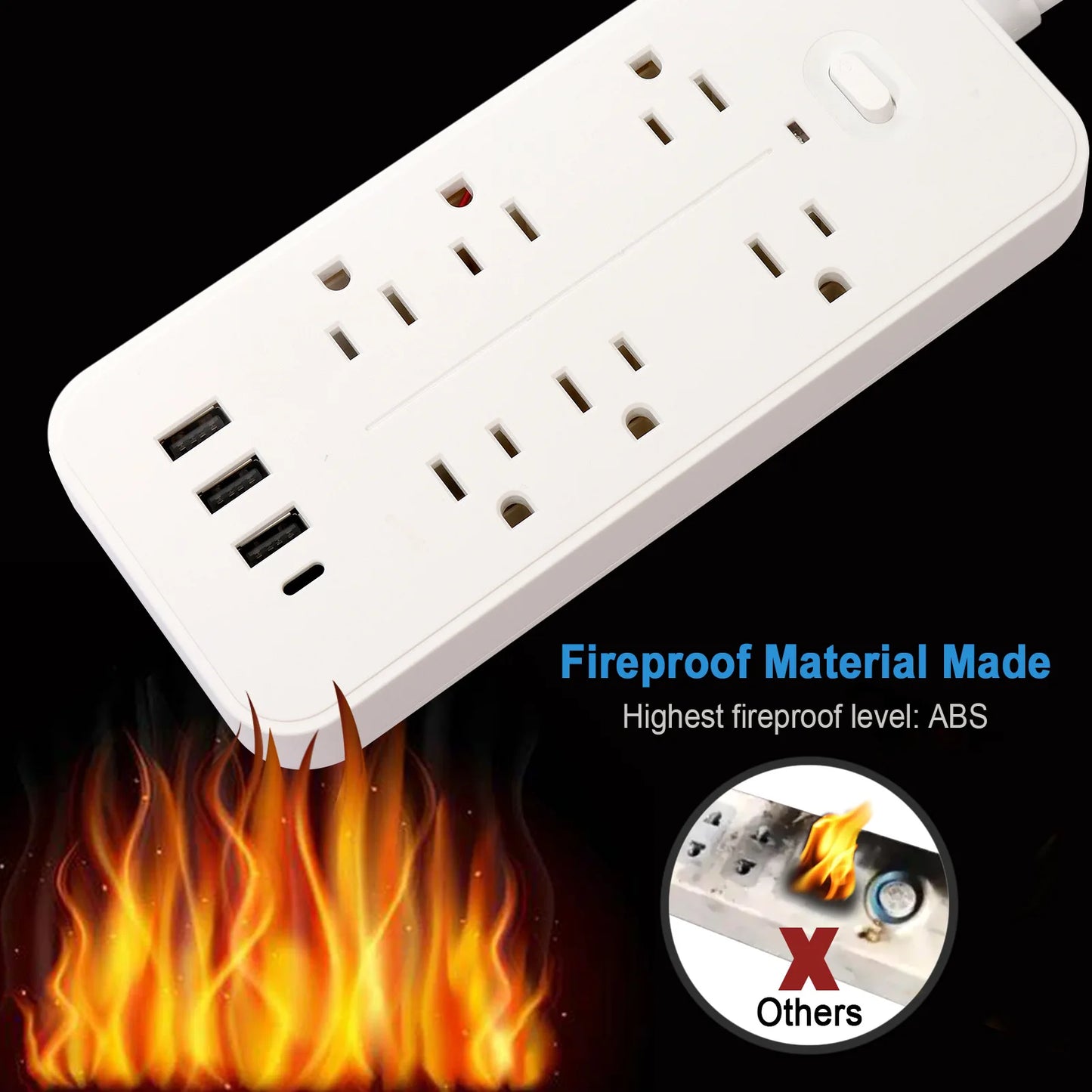 US Power Strip 6 AC Outlets 10A 110v 220v 3 USB Ports Sockets 1 TYPE-C Smart Patch Panel 2000w Black Power Surge Protection Plug