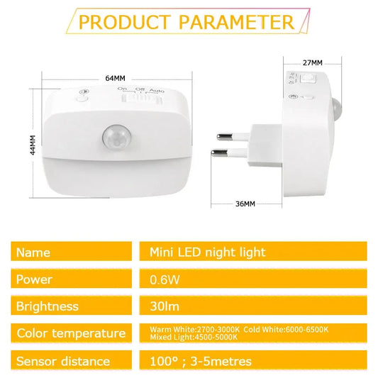 LED Night Light EU US Plug In Smart Motion Sensor Light 220V Wall Lamp For Home Aisle Hallway Stair Kitchen Bedroom Night Lamp