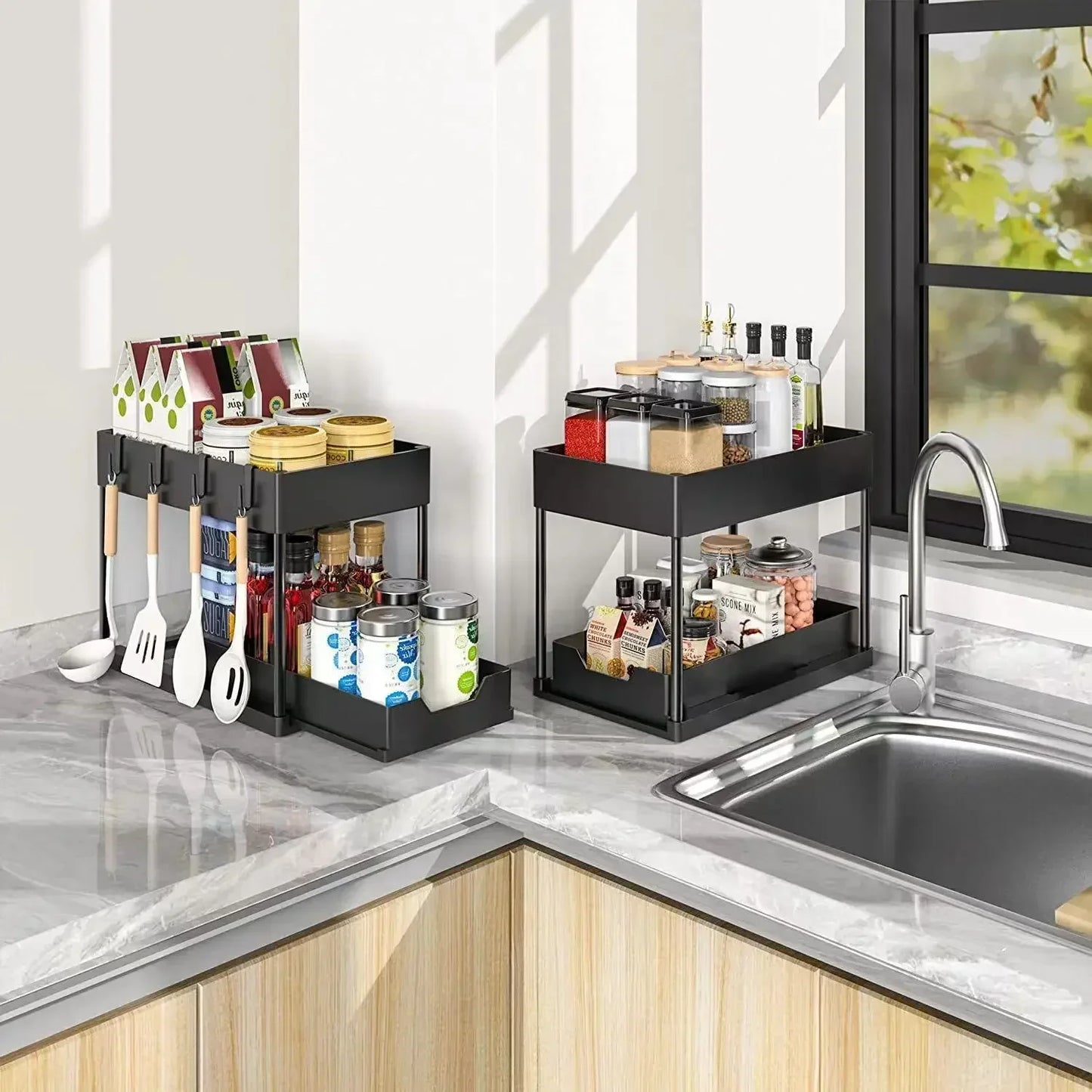 New 2 Tier Under Sink Organizer Sliding Cabinet Basket Organizer Storage Rack with Hooks Hanging Cup Bathroom Kitchen Organizer