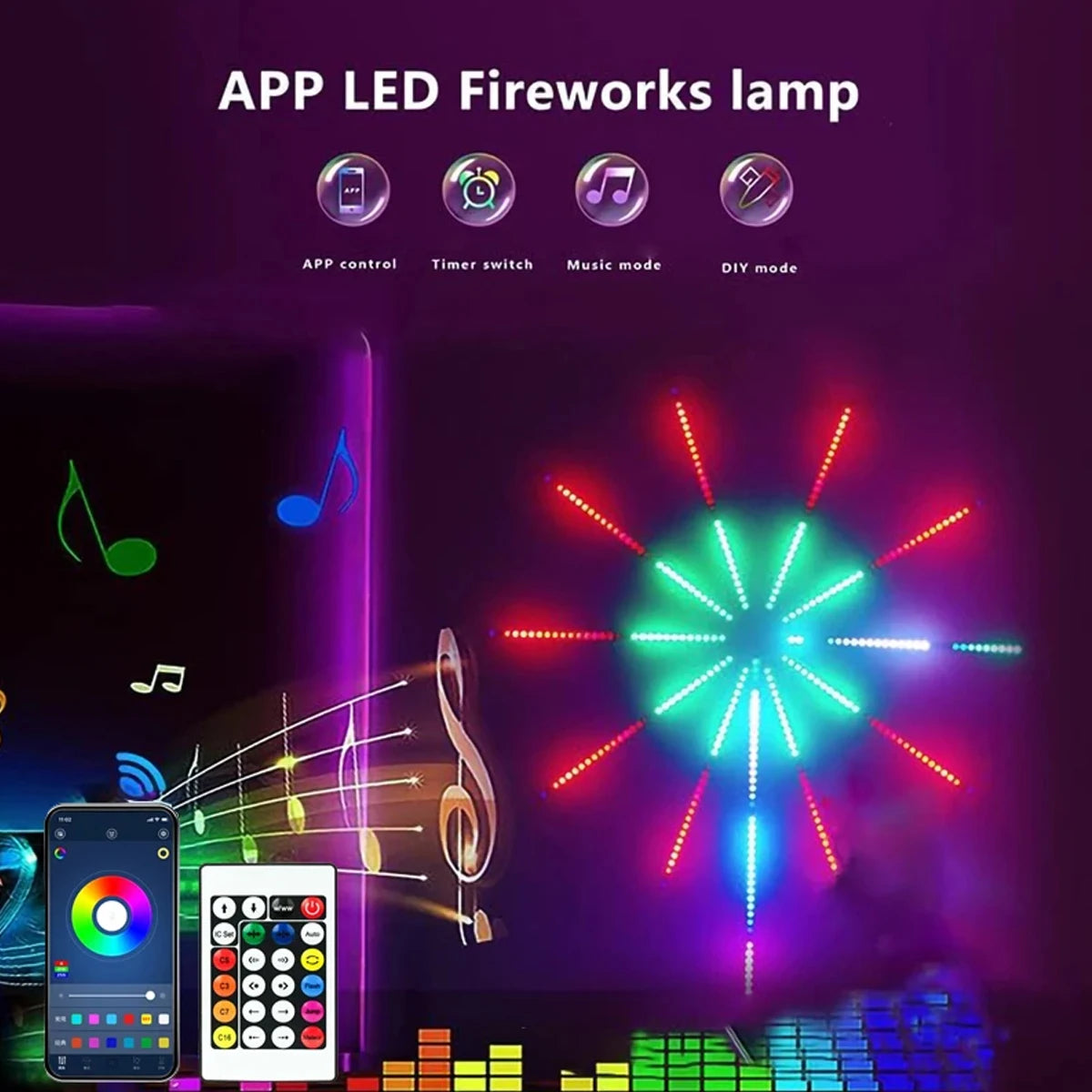 USB LED Smart Fireworks Lights Indoor Outdoor Sparkler Lights Remote & App Control Music Sync Wall Lamp For Room Party DIY Decor