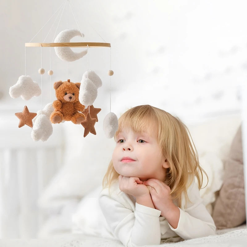Baby Crib Mobile Rattle Toy 0-12Months Infant Soft Felt mobile Teddy Velvet Bear Bed Bell Hanging Toy Holder Bracket Crib Toy