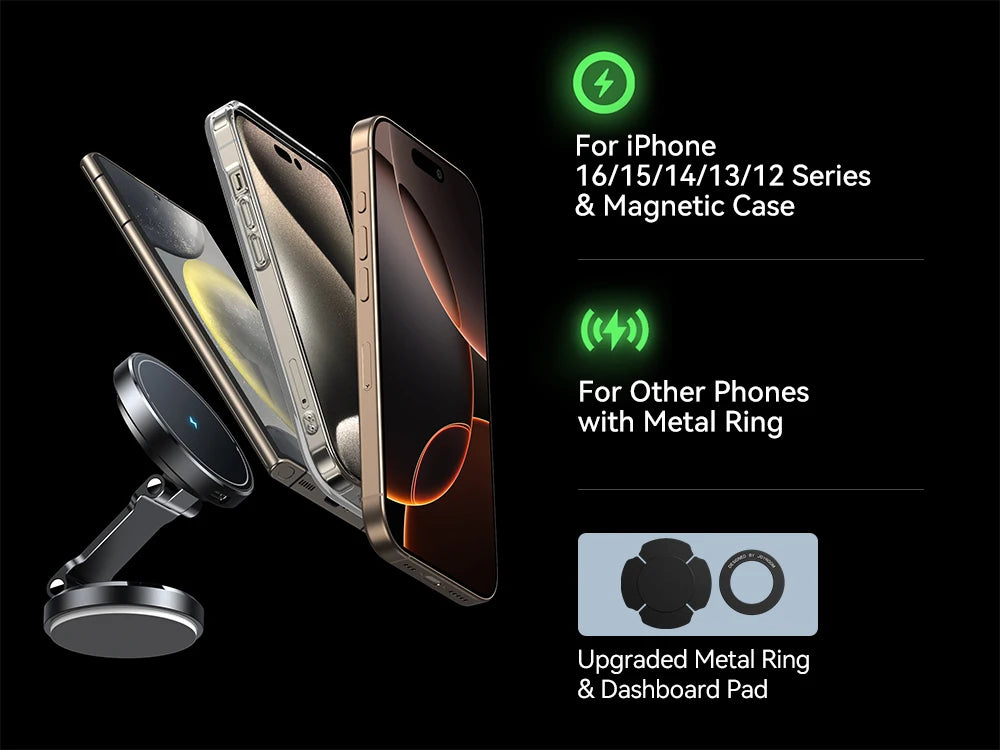 Joyroom Magnetic Car Phone Mount Holder Charger with Rotatable Charging Panel 15W Fast Wireless Charging Magnetic Phone Mount