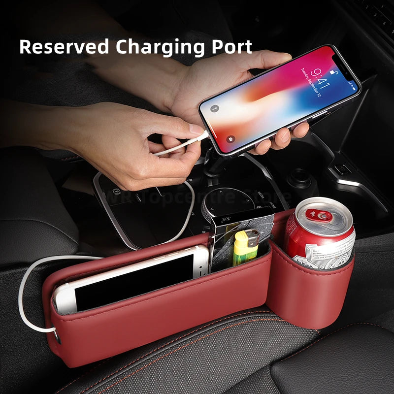 Leather Car Seat Gap Organizer Multifunction Console Crevice Filler Side Storage Box with Cup Holder Car Interior Storage Pocket