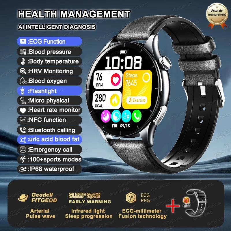 2025 New NFC+ECG+PPG Health Smart Watch BMI Fat Heart Rate Blood Pressure Watch 380mAh BT Call IP68 Waterproof Sports Bracelet