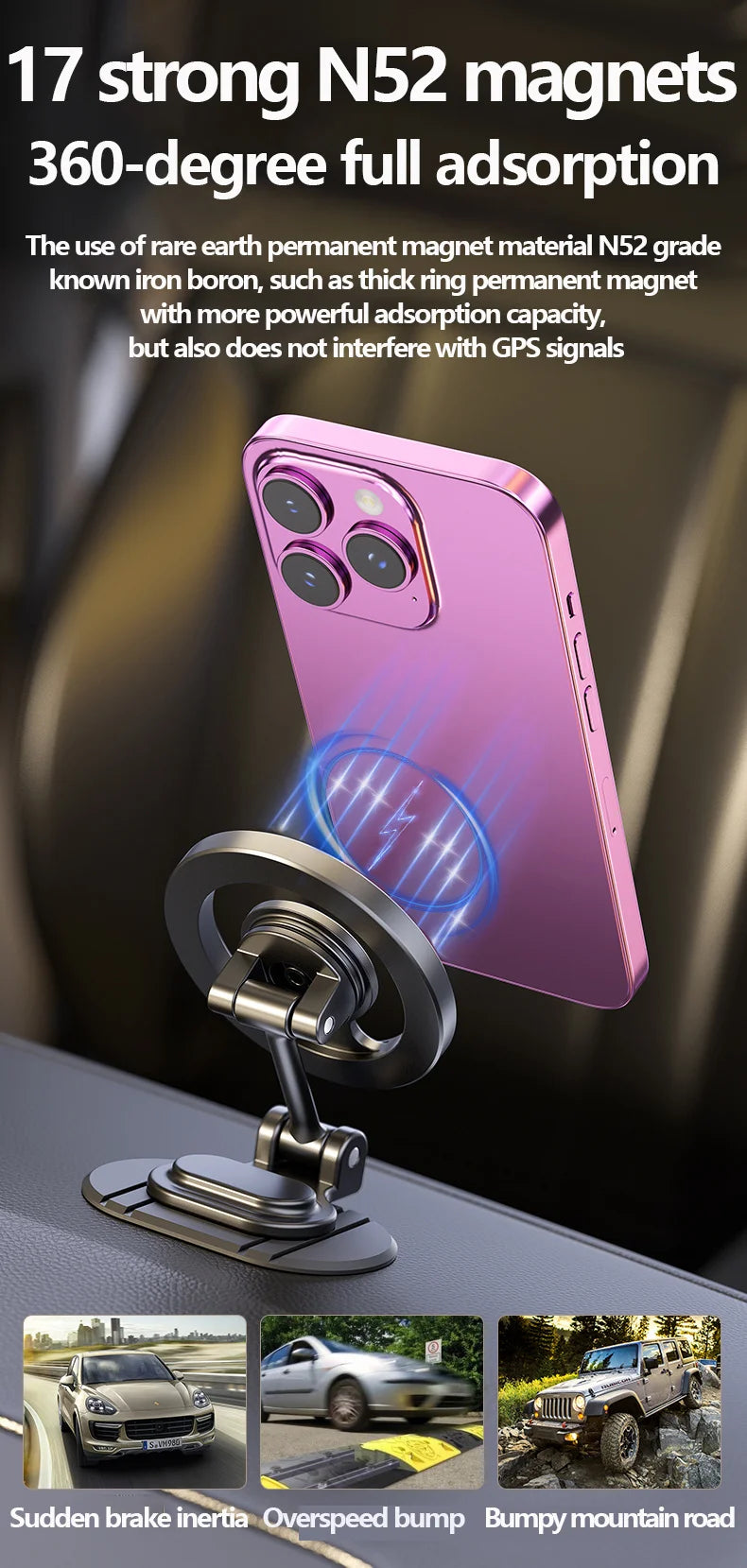 1040° Rotation Magnetic Car Phone Holder All-Metal Magnetic Cell Phone Stand Dashboard Mount For Magsafe iPhone 16 15 14 13 12