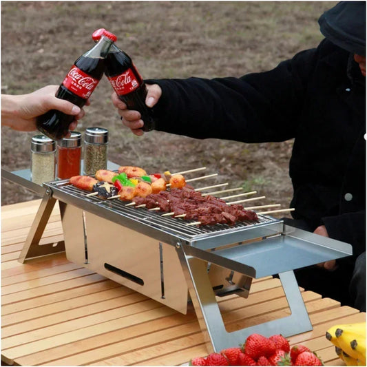 Stainless Steel Portable BBQ Grill Outdoor Folding Charcoal Stove Compact Camping Picnic Grill Skewer Rack Travel Barbecue Set