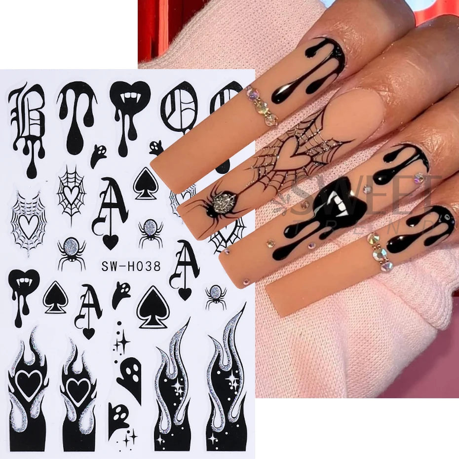 2pcs Gothic Style Halloween Nail Stickers 3D Black Red Heart Spider Web Crown Adhesive Nail Decals Sliders Manicure Decoration