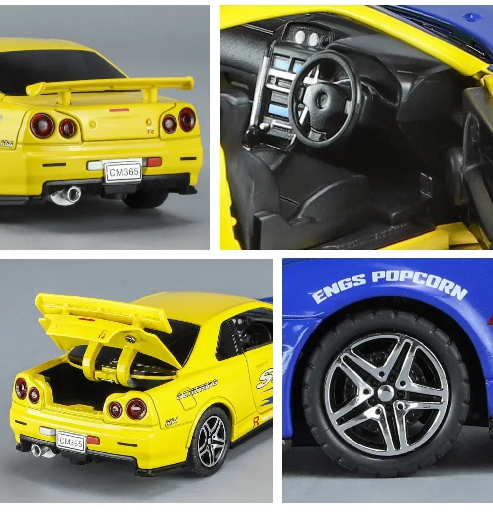1:32 GTR R34 Skyline Fast & Furious Alloy Car Model Sound and Light Pull Back Children's Toy Collectibles Birthday Gifts