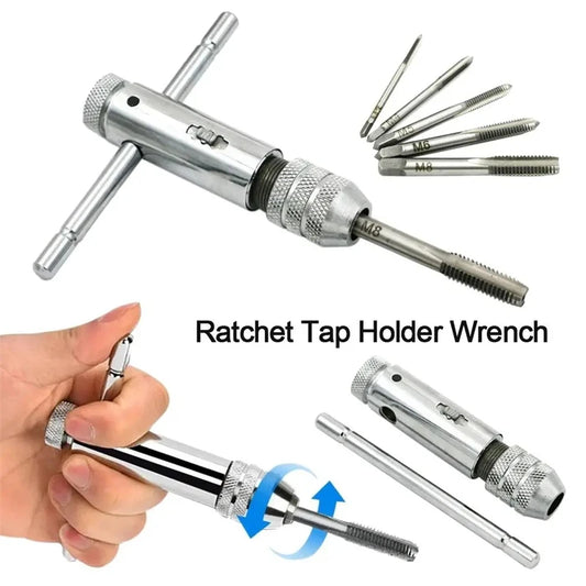 Ratchet Wrench Adjustable T-Handle Holder Tap with  M3-M8 Machine Screw Thread Metric Plug T-shaped Drill Set Workshop Hand Tool